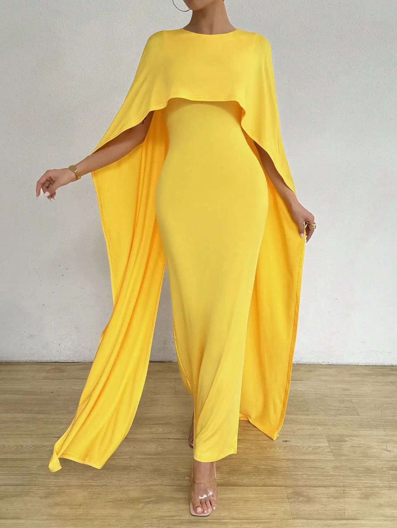 Robe longue jaune à col rond pour femme, faux deux, style 550, hanche, élégante, décontractée