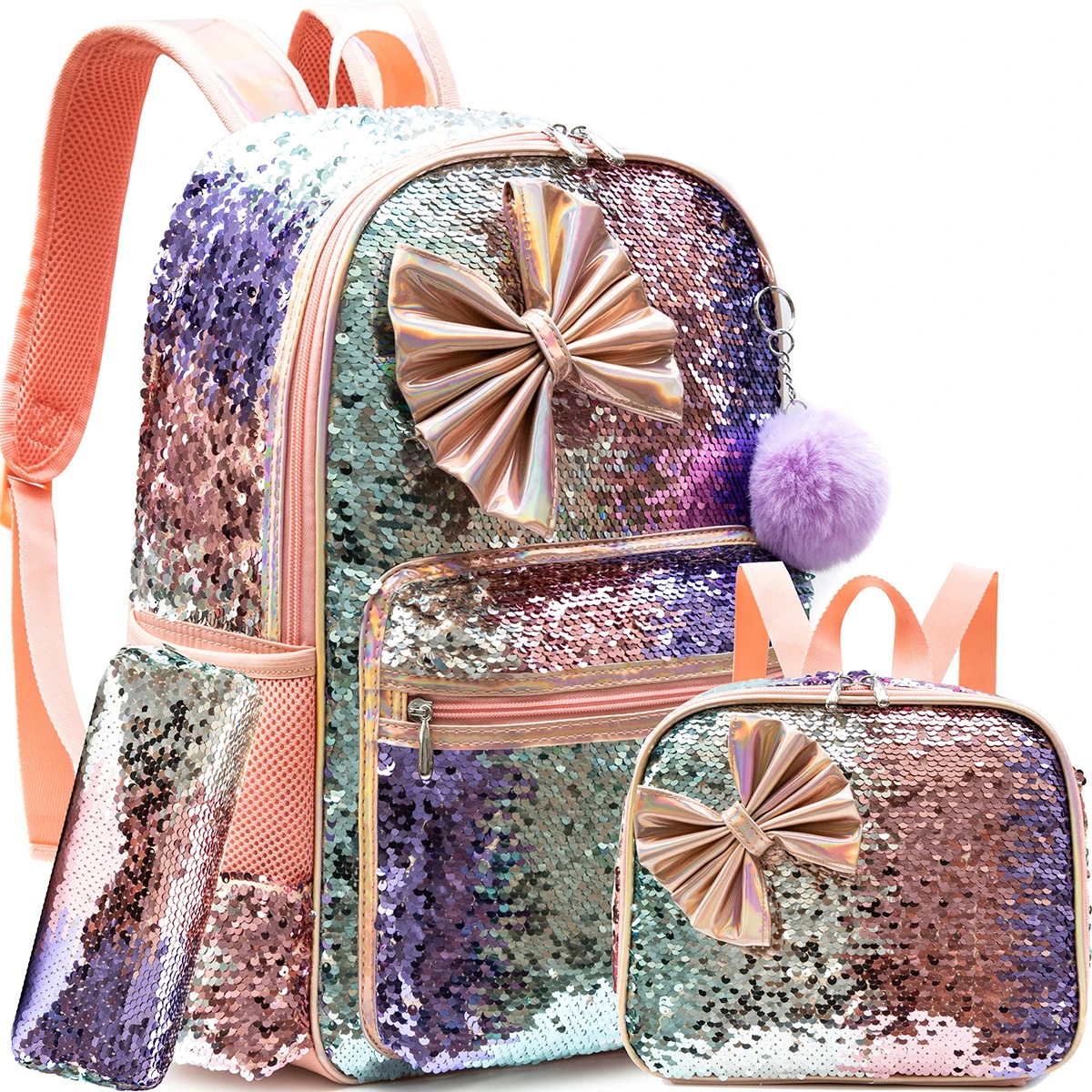 

3PCS Bowknot Glitter Decoration Backpack For Girls With Lunch Bag And Pencil Bag Schoolbag Pupil Backpack Travel Bag Girls Gift
