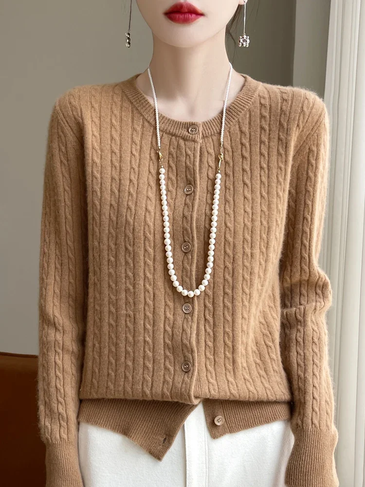 Cardigan Jacquard de couleur unie, col rond, pull en laine mérinos, doux et chaud, tricot Sexy, hauts féminins, nouvelle collection automne hiver 100%