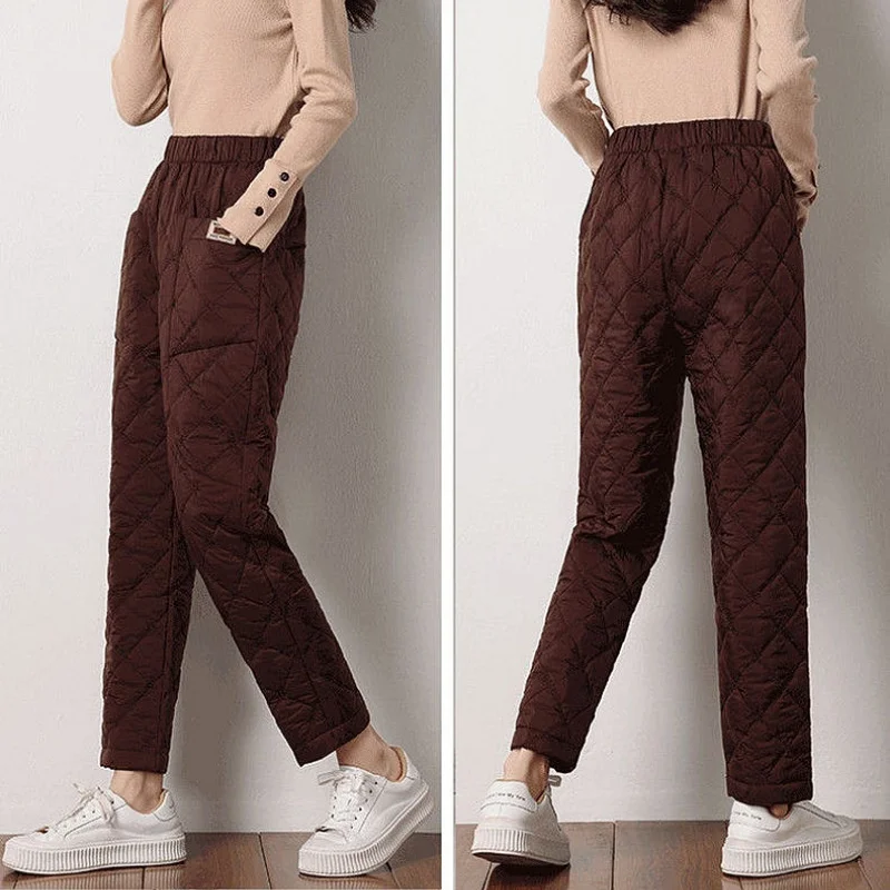 กางเกงขายาวผ้าฝ้ายหนานุ่มสำหรับฤดูใบไม้ร่วงและฤดูหนาว สไตล์เกาหลี เอวยางยืด ความยาวระดับข้อเท้า กันลม