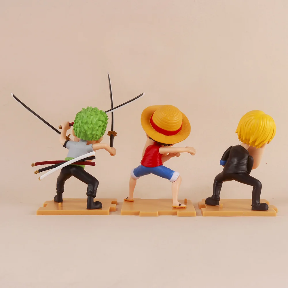 3ชิ้นตุ๊กตาขยับแขนขาได้หนึ่งชิ้นอนิเมะ luffy Zoro Sanji figuras ของเล่นหุ่นตัวการ์ตูนรูปปั้นพีวีซีเครื่องประดับโมเดลของขวัญสำหรับเด็ก