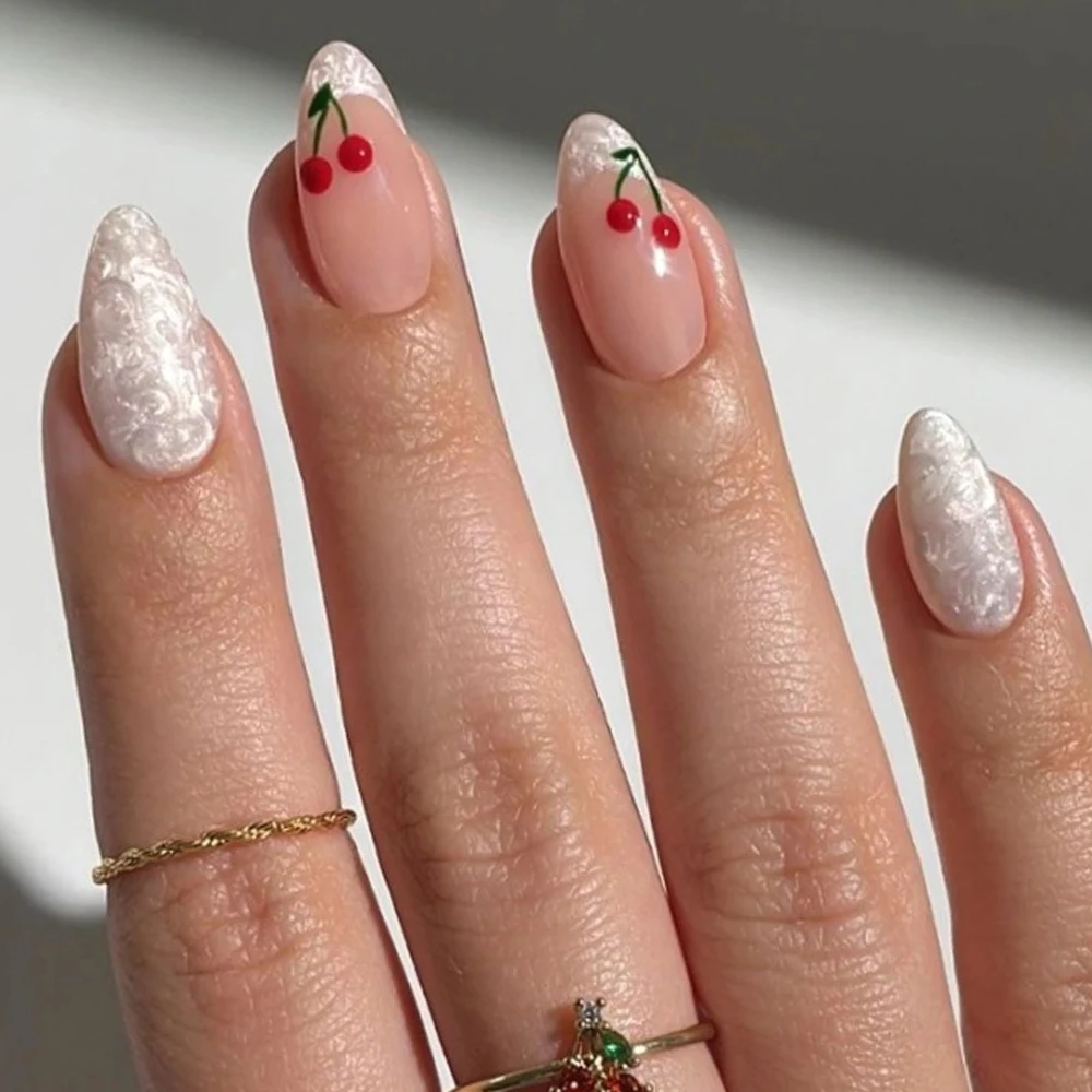 

24pcs Lovely Cherry Pearlescent Medium Short Almond Reusable False Nails Press on Nails Nail Tips Artificial Nails for Sticking