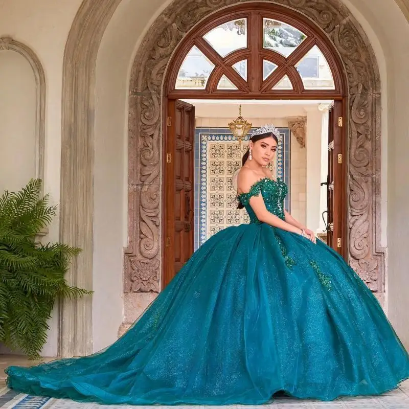 Modern Ball Gowns Quinceanera Dresses for Girls Off the Shoulder Chapel Train Robe Princess Bleu Femme Drop Shipping