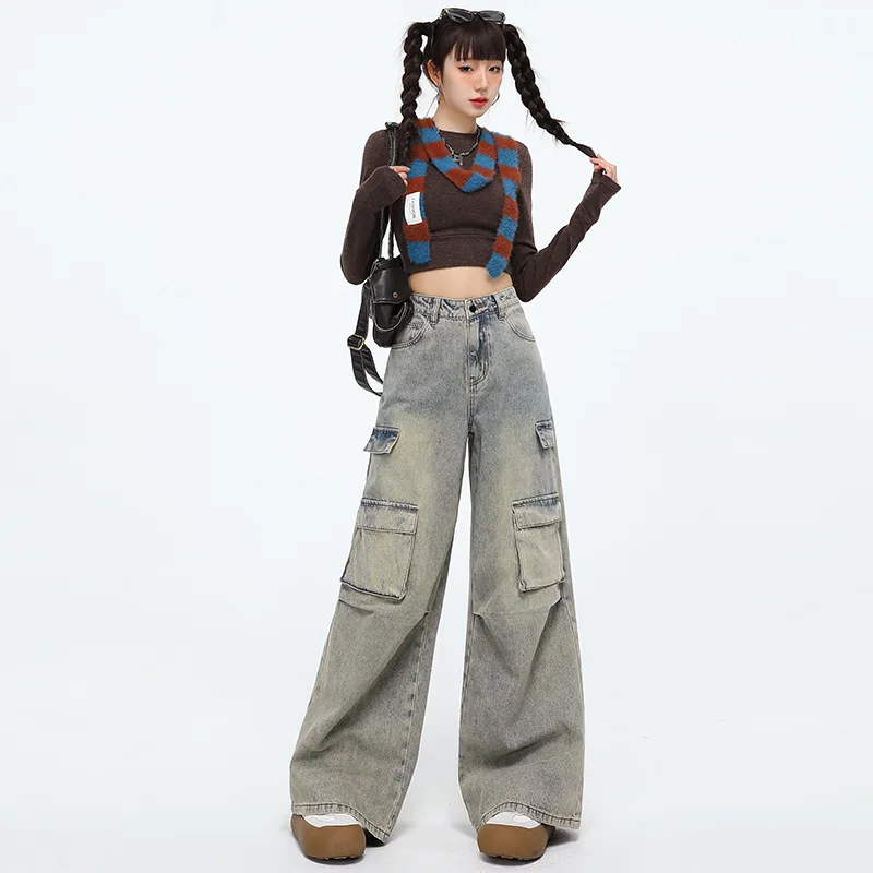 

Модные рабочие джинсы с широкими штанинами для женщин: свободный крой, стройнящий силуэт, универсальные брюки в пол, повседневный стиль в гонконгском духе