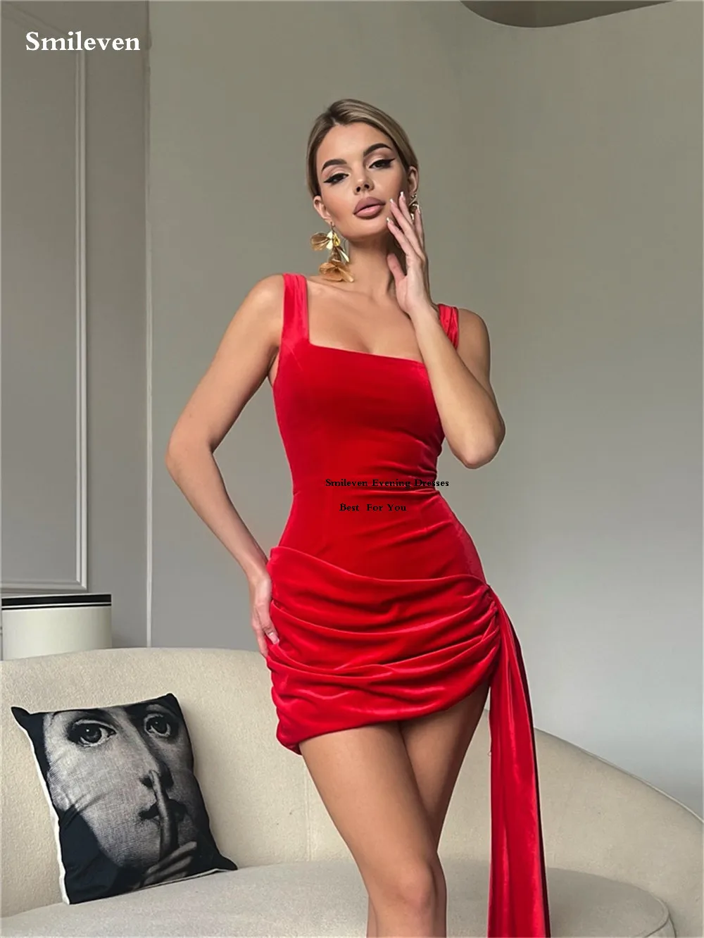 Smileven-Mini vestidos de fiesta de terciopelo rojo, vestido de cóctel con cuello cuadrado, corpiño Sexy, vestido de fiesta de noche personalizado
