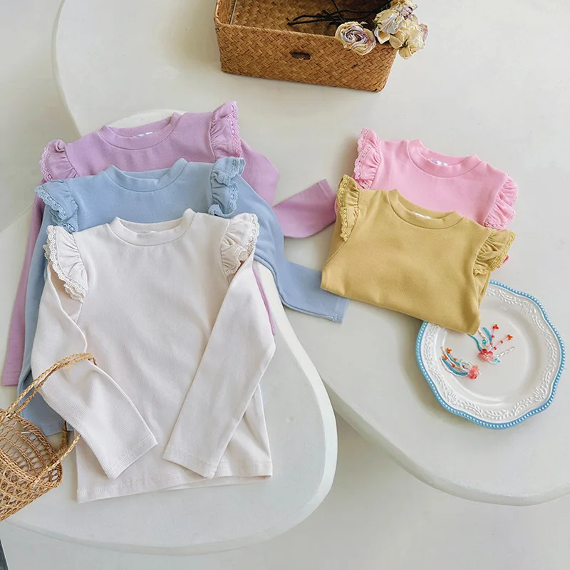 Korean Spring Autumn Children Girls Tees Soft Solid 2-8Y Girls Cotton Undershirt Lace Fly Long Sleeve Sweet Kids Babys Girl Tops