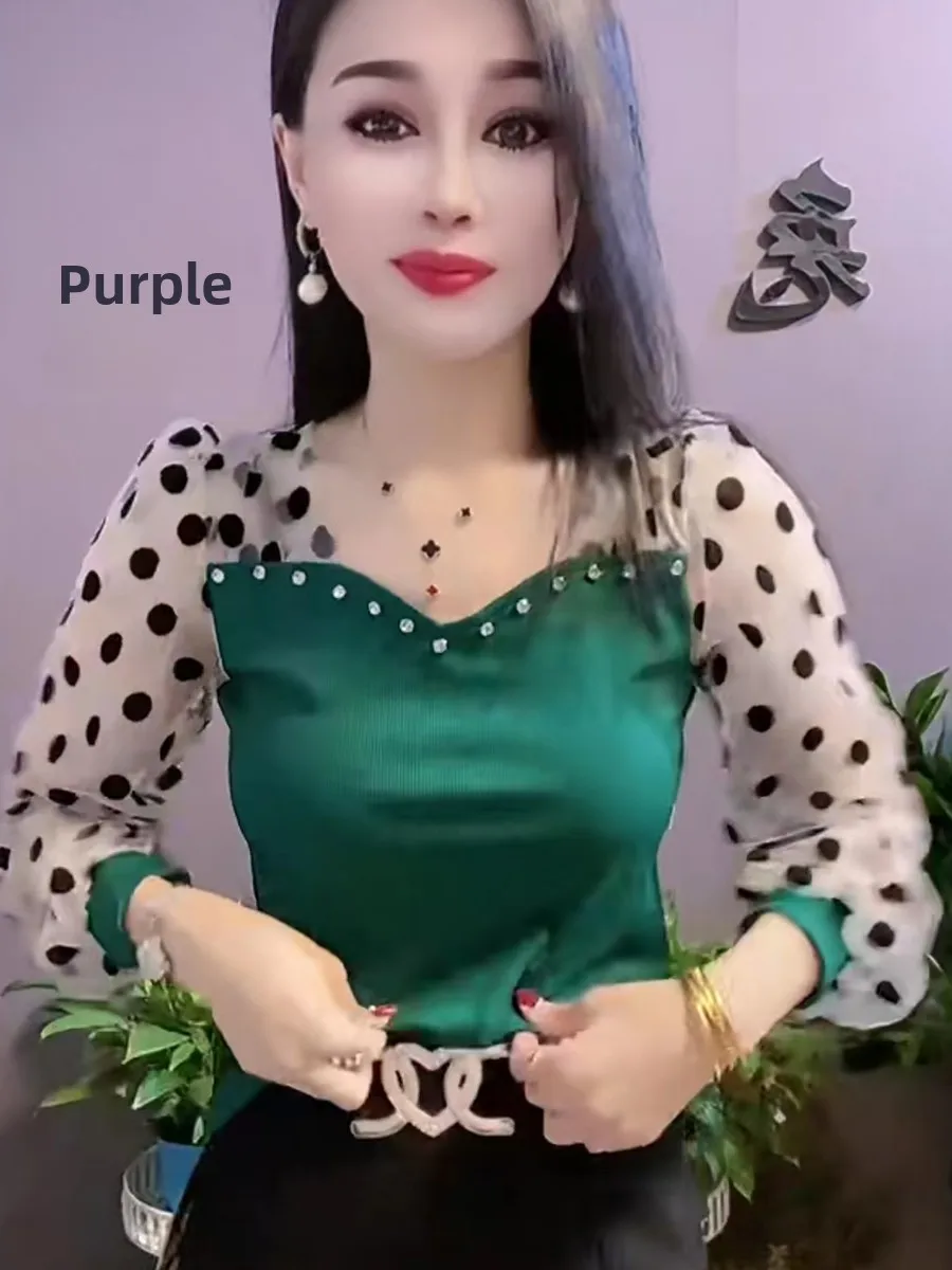 Long Sleeve Polka Dot Mesh Splice Diamond Embedded Base Layer Women's Shirt Commute Style Inner Wear Trendy New Arrival