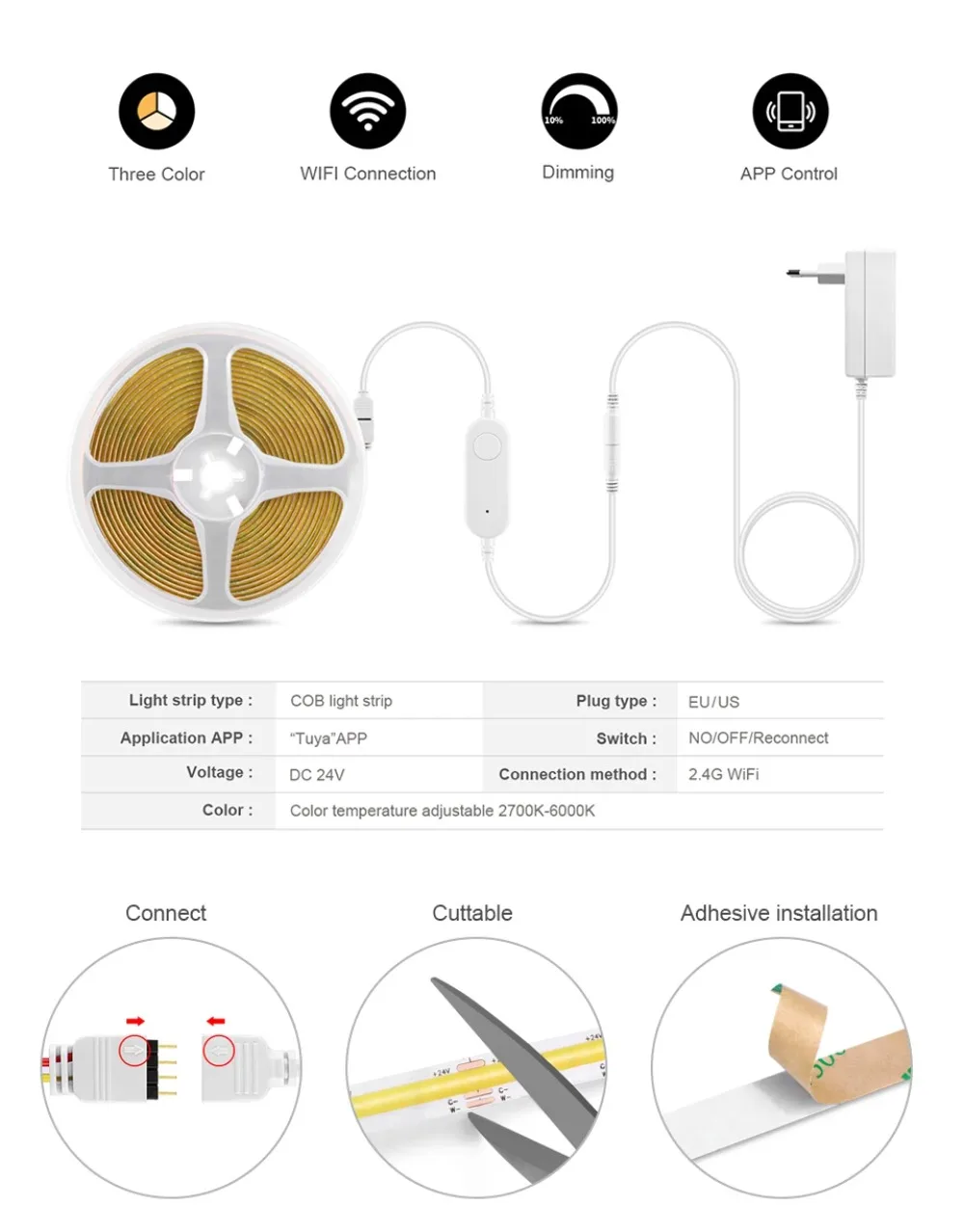 Tuya Smart WiFi Switch COB CCT LED Strip Light 24V 1-5M Dimmable Cupboard Lamp LED Tape for Room Kitchen Decor for Alexa Google
