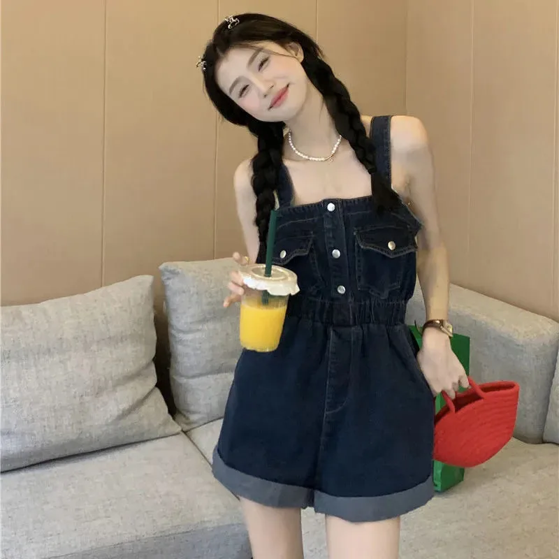 Summer Denim Overalls Shorts Women Fashion Pocket Suspender Denim Jumpsuit Female High Waist Crimping Cargo Wide Leg Shorts