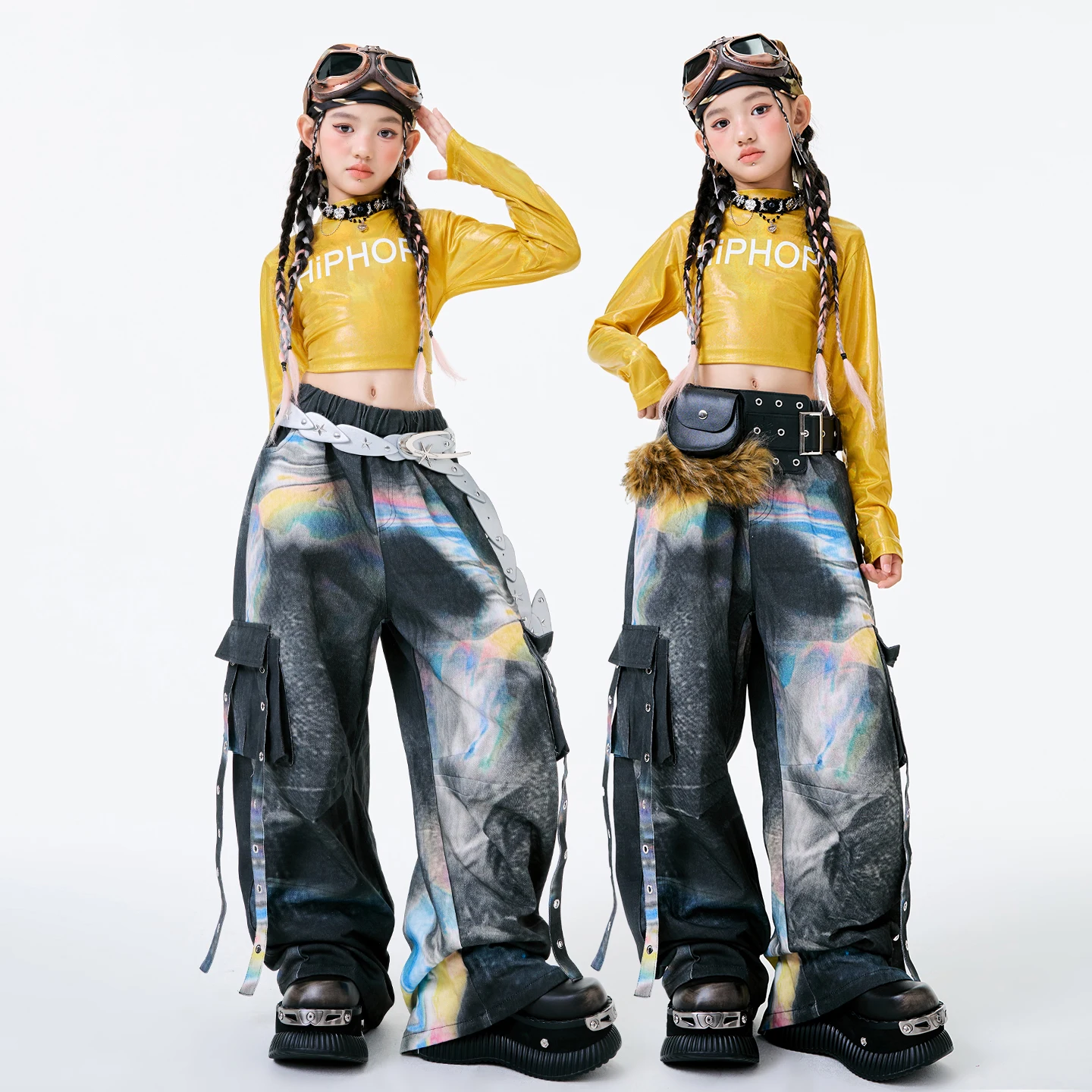 2025 Children Hip Hop Dance Costumes For Girls Yellow Crop Tops Loose Pants Outfits Modern Jazz Performance Clothing DQS21038