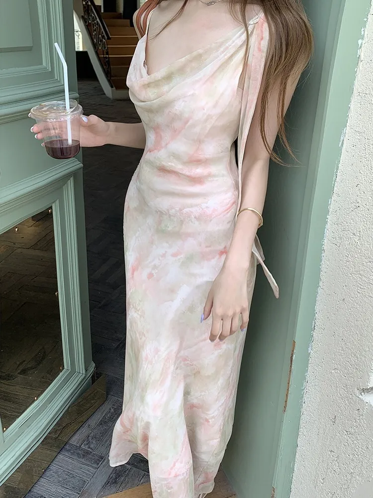 

Summer Holiday Style Elegant Print Women's Dresses Swing Collar Chiffon Spaghetti Strap Lace up Bodycon Dress Vacation New 2025