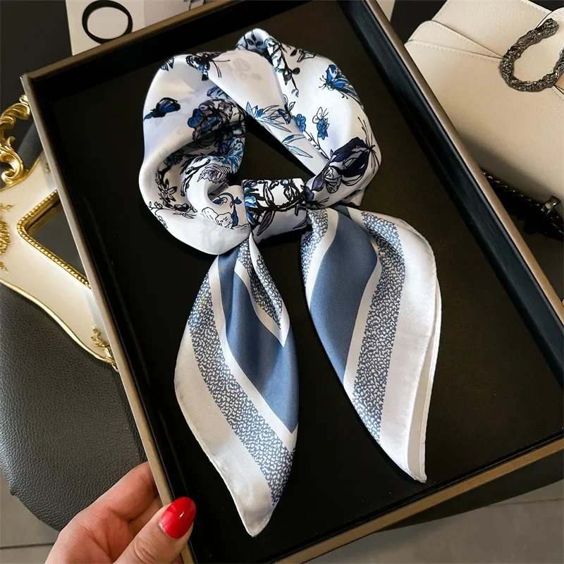 Luxury 2024 Floral Print Square Silk Scarf for Women Hijab Hair Bands Neckerchief Female Satin Shawl Ribbon Headband Fashion