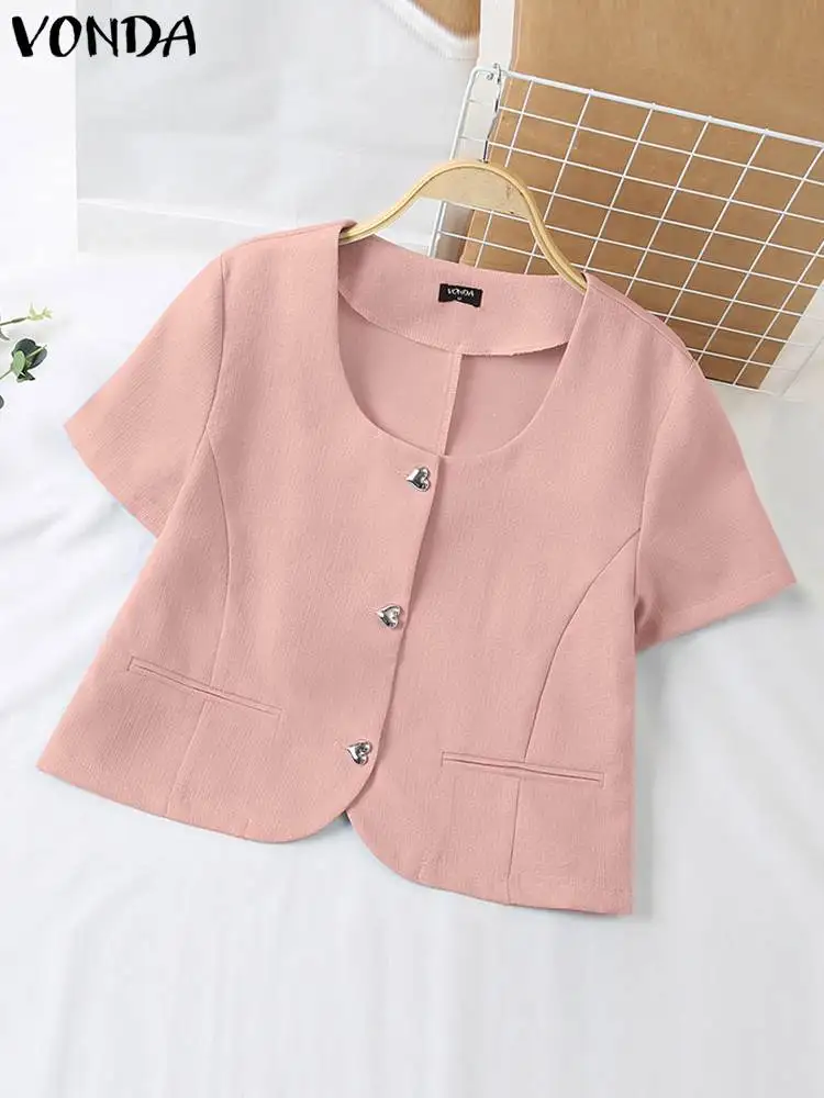 VONDA Summer Women Elegant Shirts 2024 Fashion Blouses Tops Short Sleeve Solid Color Button Down OL Casual Loose Blusas Feminina