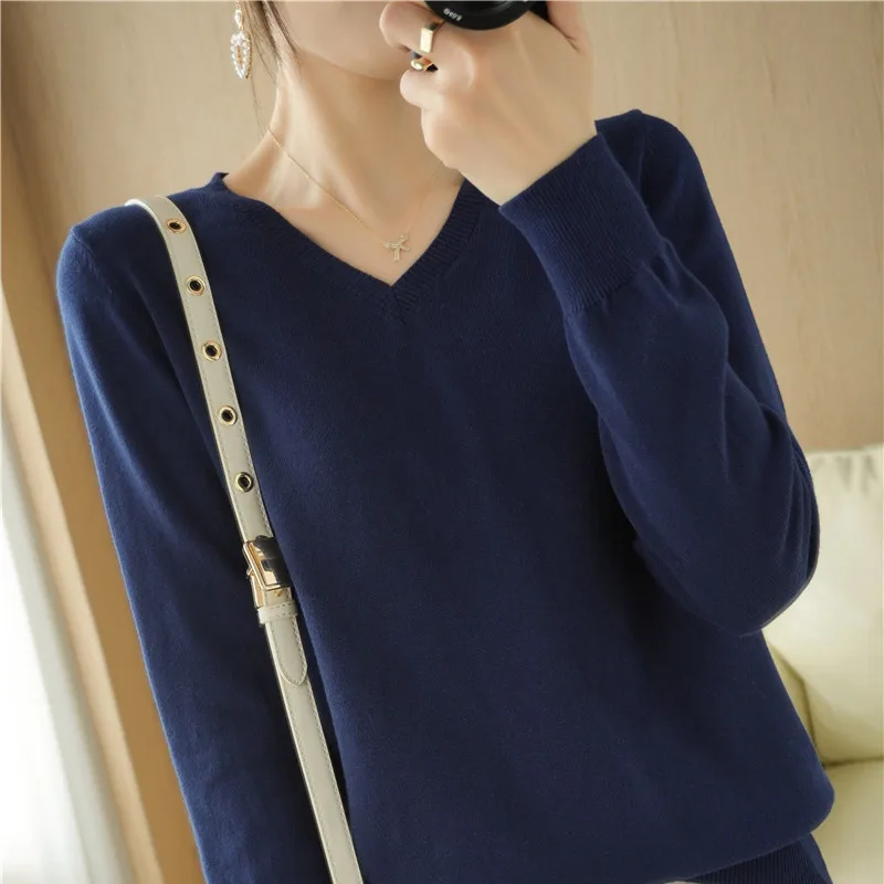 2024 Autumn/Winter Women\'s Peach V-neck Knitted Sweater 100% Long Staple Cotton Korean Edition Fashion Versatile Elegant Top SMY