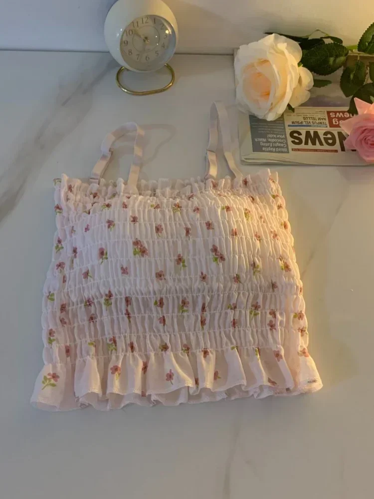 2024 Ropa Mujer Sweet Cropped Tops Summer Elegant Women Clothing Floral Sling Tanks Backless Folds Vest Slim Fit Sexy Y2k Camis