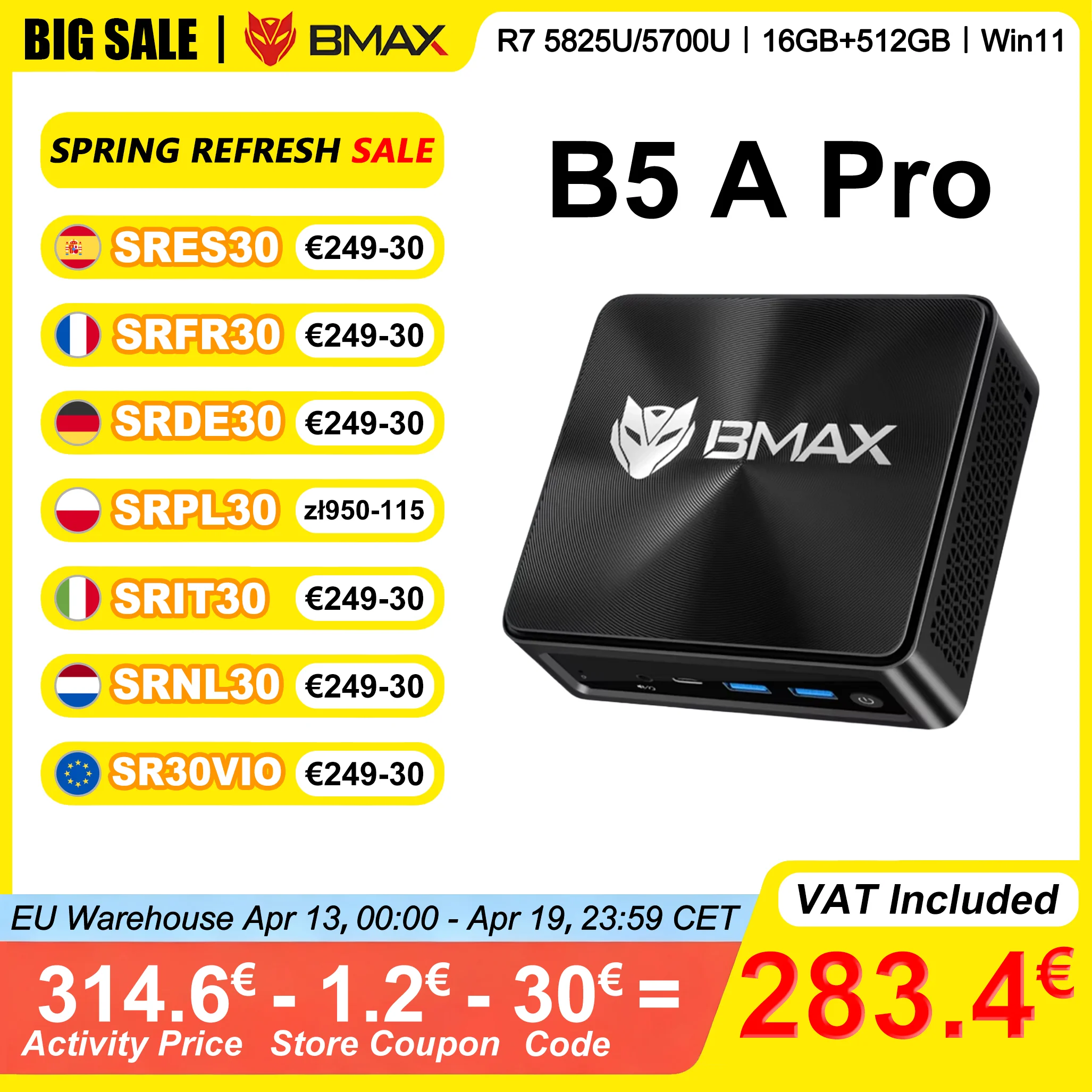 BMAX B5 A Pro Mini-PC AMD Ryzen 7 5825U/5700U 16GB DDR4 RAM 512GB NVMe SSD 4K @ 60Hz HDMI Type-C Display Mini-Desktop-Computer