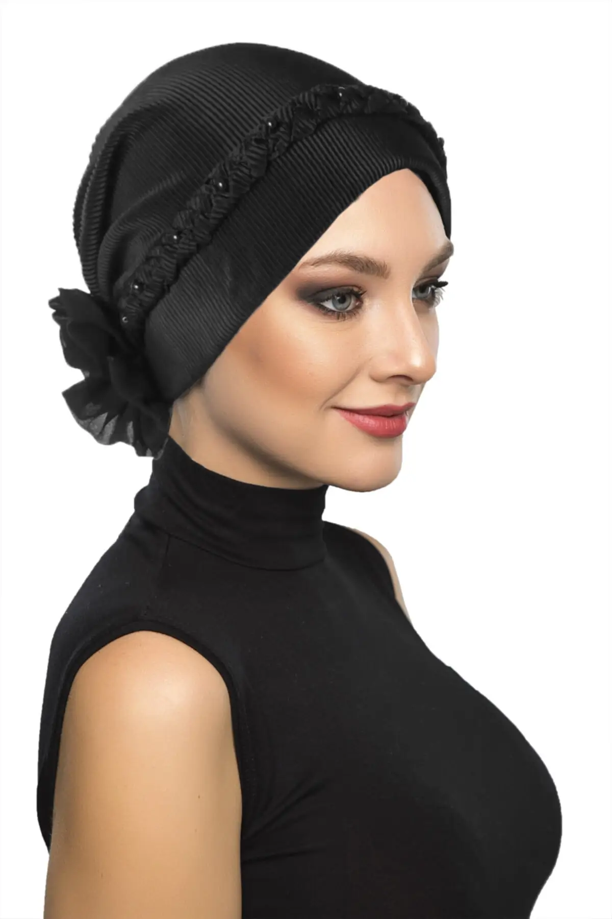 Плиссированная крученая черная шапочка для купания Hijab