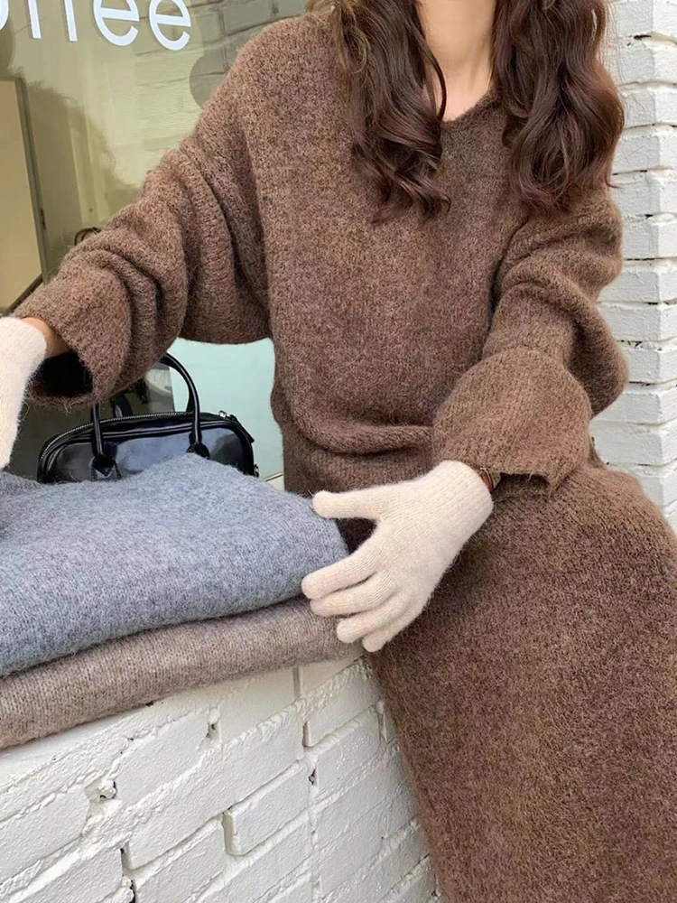 QOERLIN Minimalist Korean Dress Women Autumn Winter Grey Sweater Dress Maxi Hoodies Long Sleeve Knitted Dresses Loose Casual