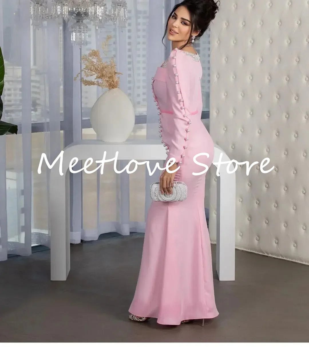 Meetlove-vestido de fiesta Sexy rosa con perlas, mangas largas, Arabia Saudita, vestidos de noche formales para mujer, cremallera negra, trompeta, fiesta de boda