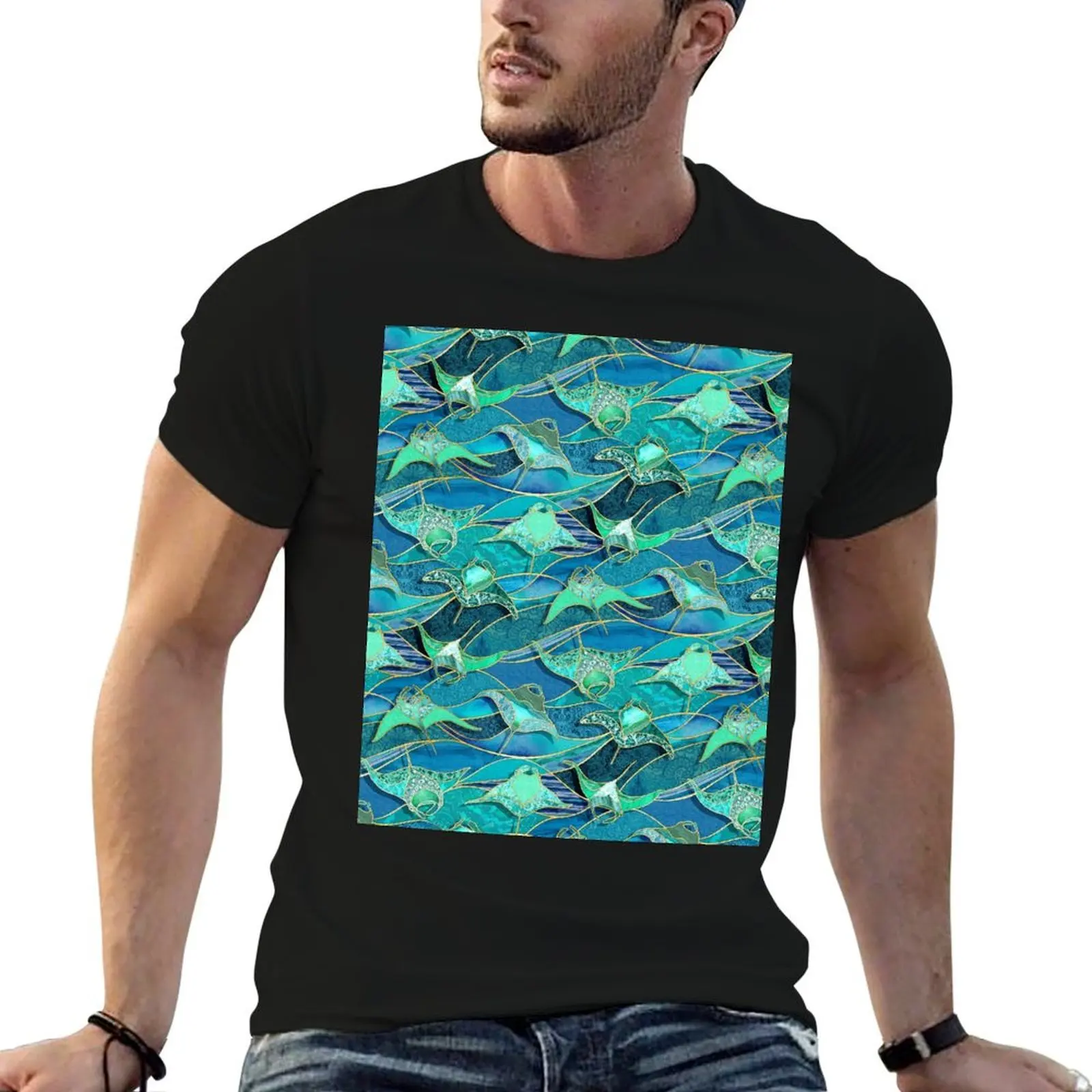 

Patchwork Manta Rays in Teal Blue and Jade Green T-Shirt t shirt for man essential t shirt funny t shirts man T-Shirt