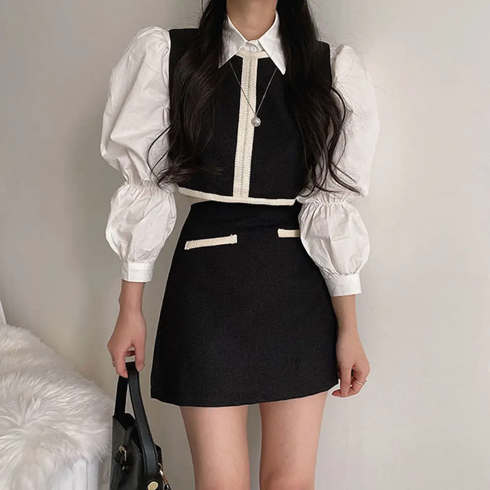 Three-Piece Set Of Lapel Shirt + Contrasting Color Vest + High-Waist Skirt For Women With Korean Chic Retro Niche Temperament