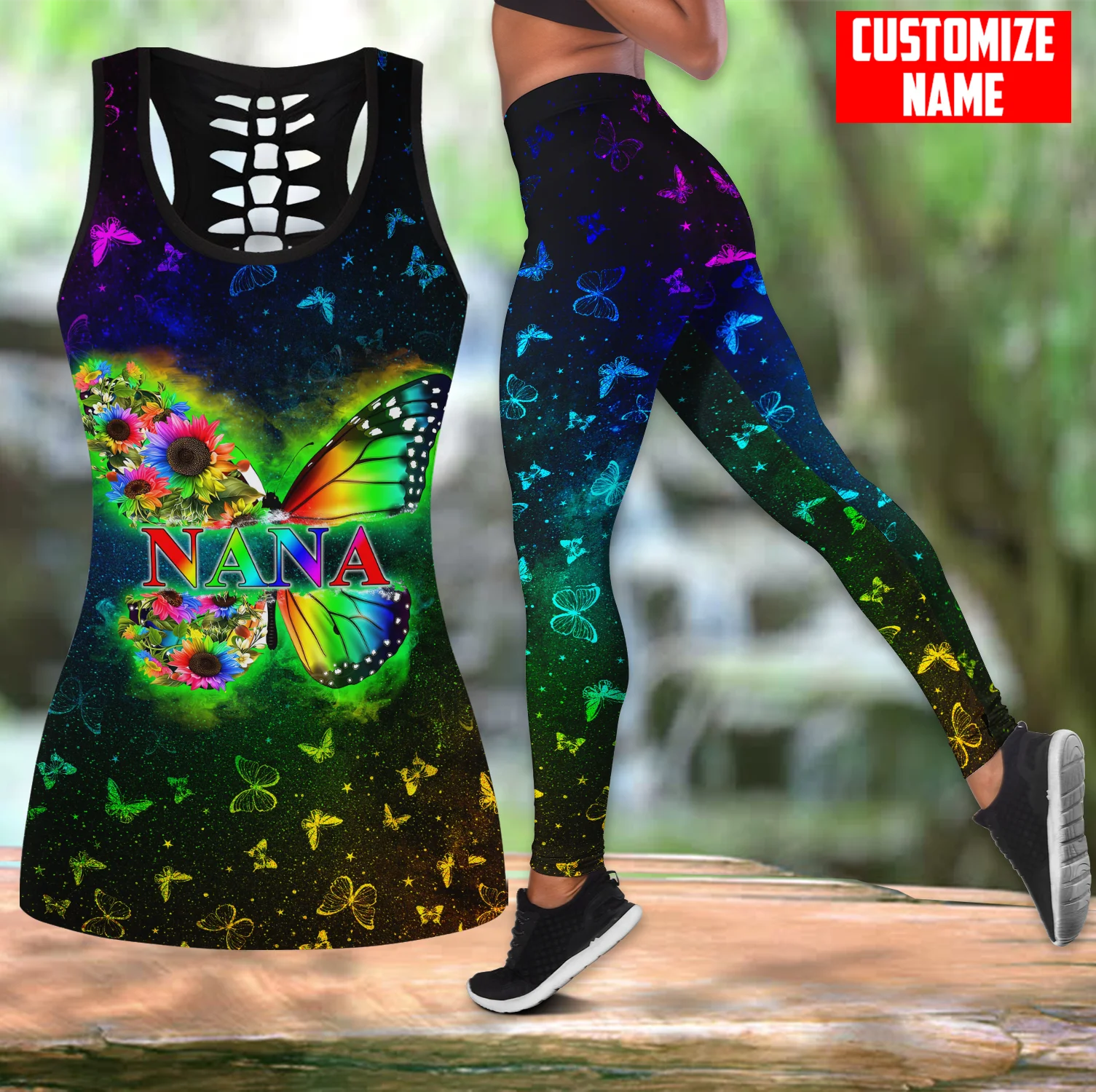 Nome personalizado borboleta 3d impresso oco regata e leggings conjunto para mulheres comprimento total fitness yoga correndo calças kbx01