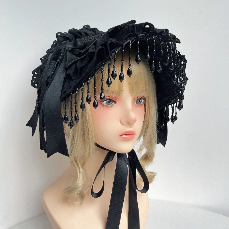 1pc Lolita Gothic Dark Headpiece Hat Black Pearl Tassel Lace Black Rose Feather Photo Prop Cosplay Headdress Hair Accessories