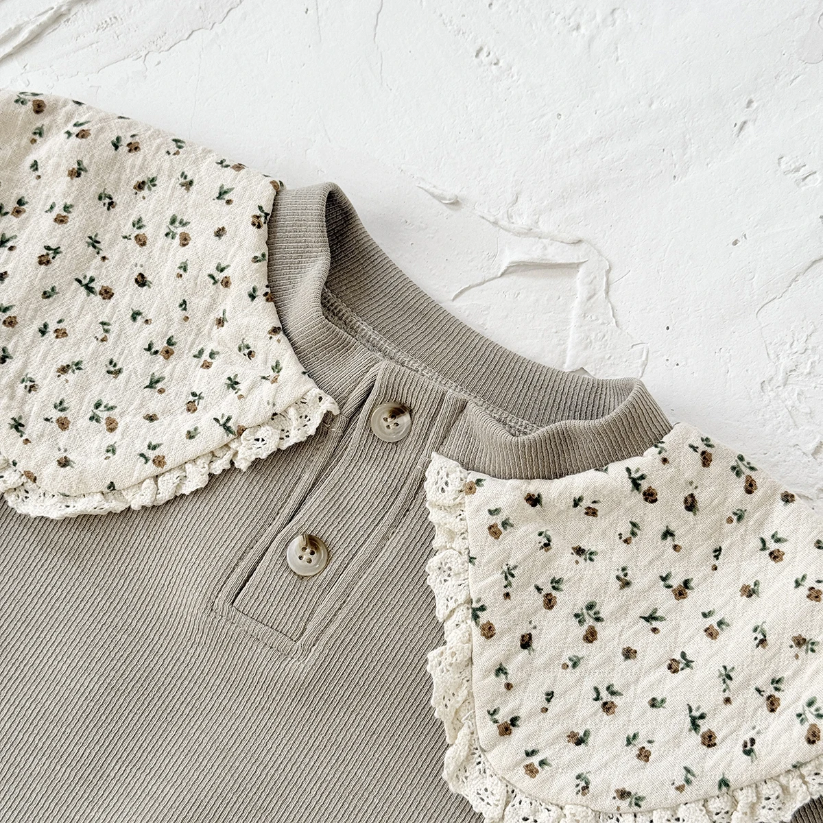 Boho Vintage Style 1-3 Years Toddler Girl 2Pcs Set Khaki Ribbed Sweatshirt + Pant Floral Collar Lace Trim Casual Outfit view 4