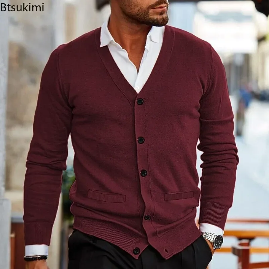 2024 Men's Solid Knit Sweaters Autumn Winter Long Sleeve V Neck Button Up Cardigan Jacket Man Business Casual Slim Sweater Coats