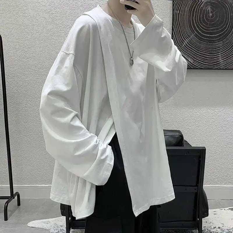 Side Slit Creative Design Oversized Soft Streetwear Korean Fashion Casual Long Sleeve T Shirt Men Summer Harajuku 2022 New Trend