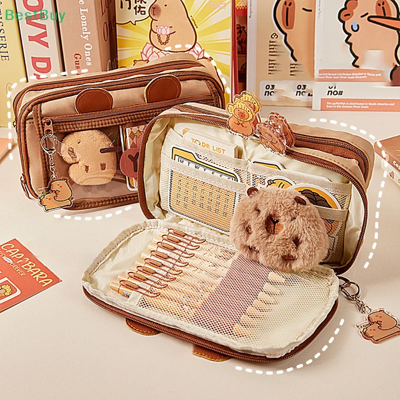 Large Capacity Kawaii Capybara Stationery Bag Flip Cover Multi Layer Capybara Pen Bag Cartoon Cute Animals 3D Ear Pencil Case