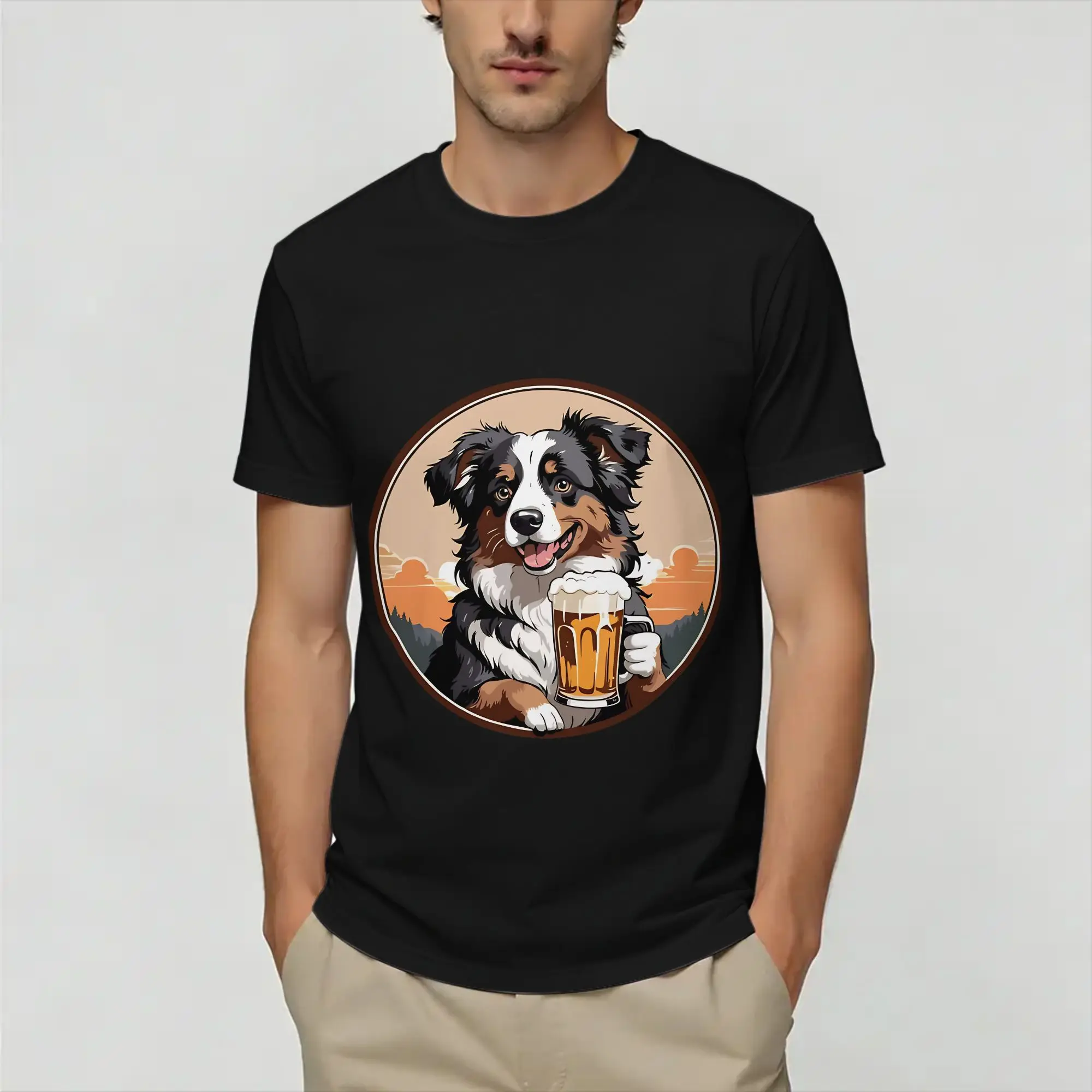 Border Collie Drinking Beer Funny Dog   T Shirt Beach  Popular T Shirts Man Plus Size 5XL Clothes Short Sleeve Y2K Basic Tops