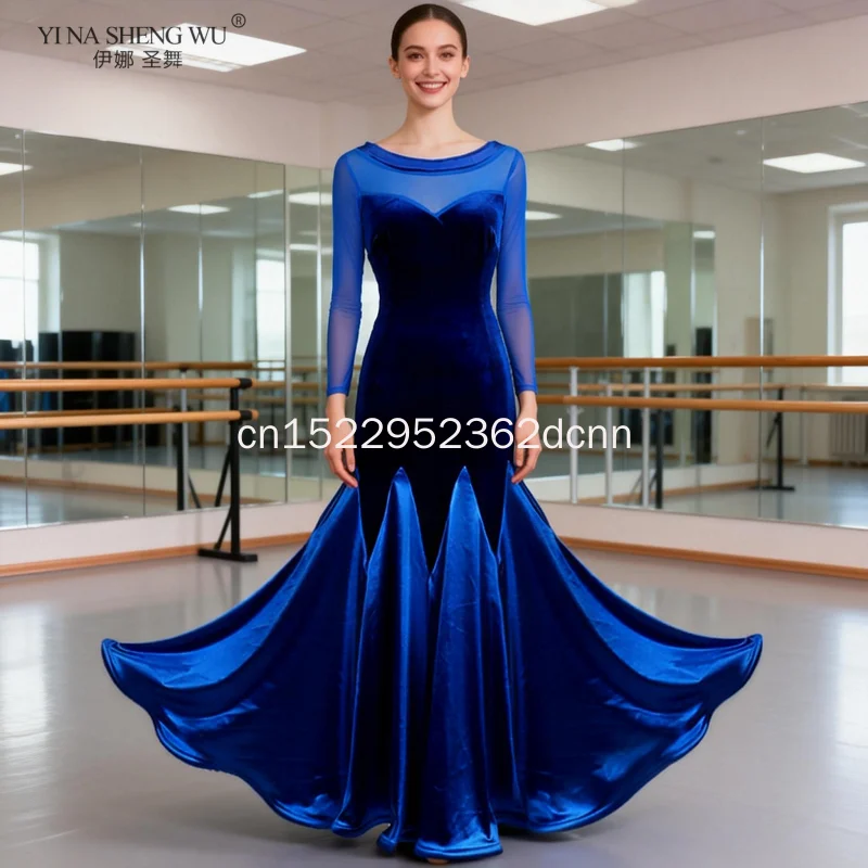 여성용 표준 볼룸 댄스 드레스 고급 버건디 왈츠 댄스복 성인용 긴 소매 볼룸 대회용 댄스 드레스