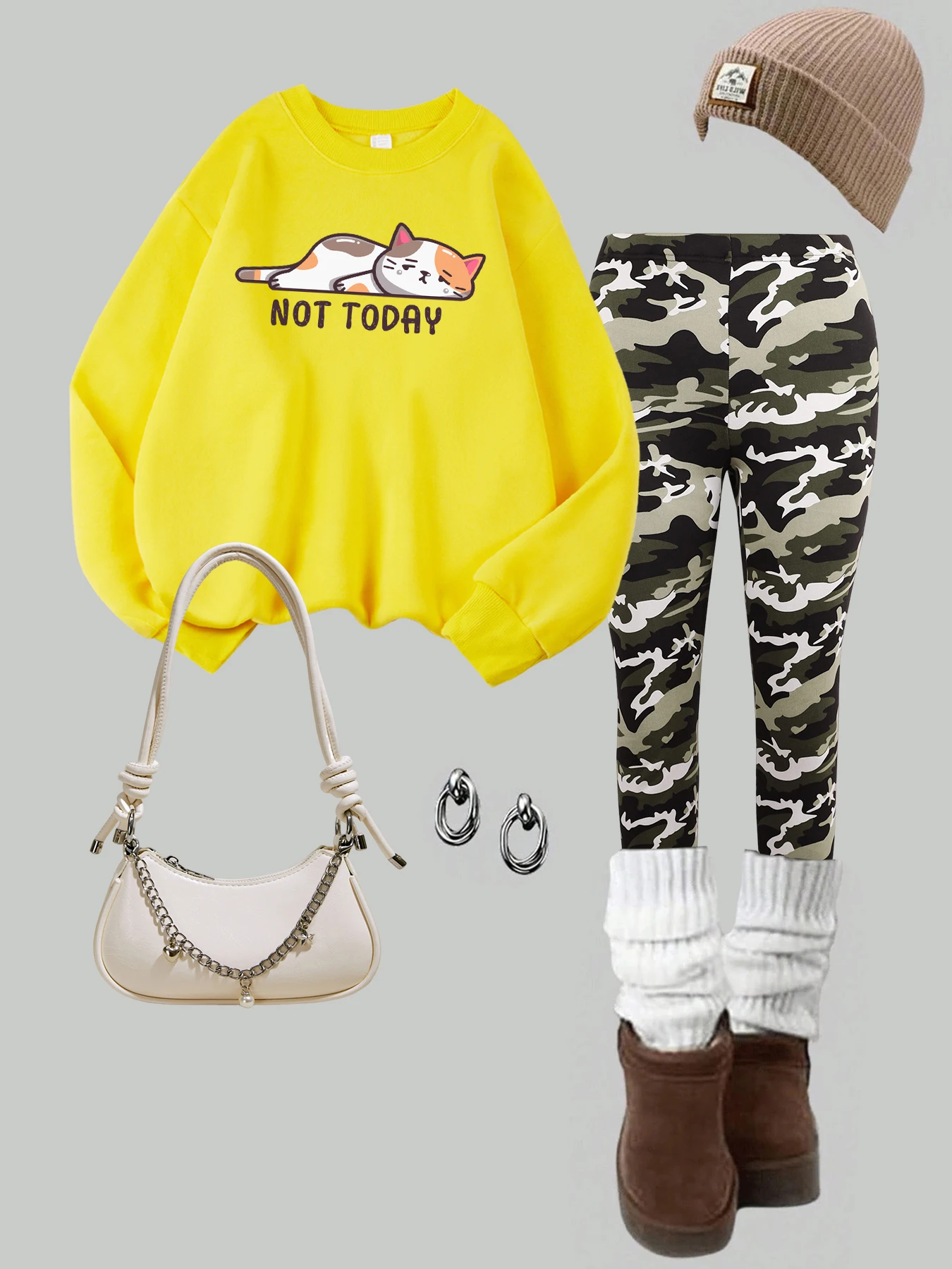 

Брюки с принтом ленивого кота Not Today, женский флисовый комплект свитшотов с круглым вырезом, повседневные эластичные леггинсы, утепленные комплекты брюк в стиле хип-хоп