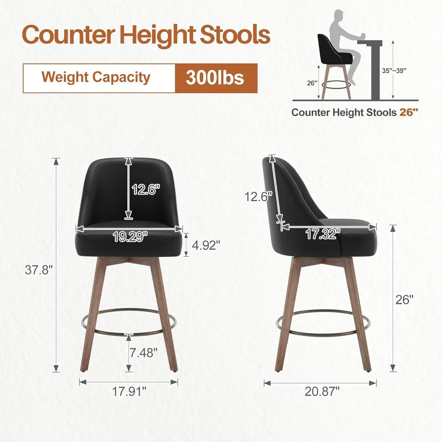 Counter Height Bar Stools Set of 2, Mid-Century Swivel Bar Chairs with Backs and Beech Wood Legs, 26 Inch Seat Height , Black