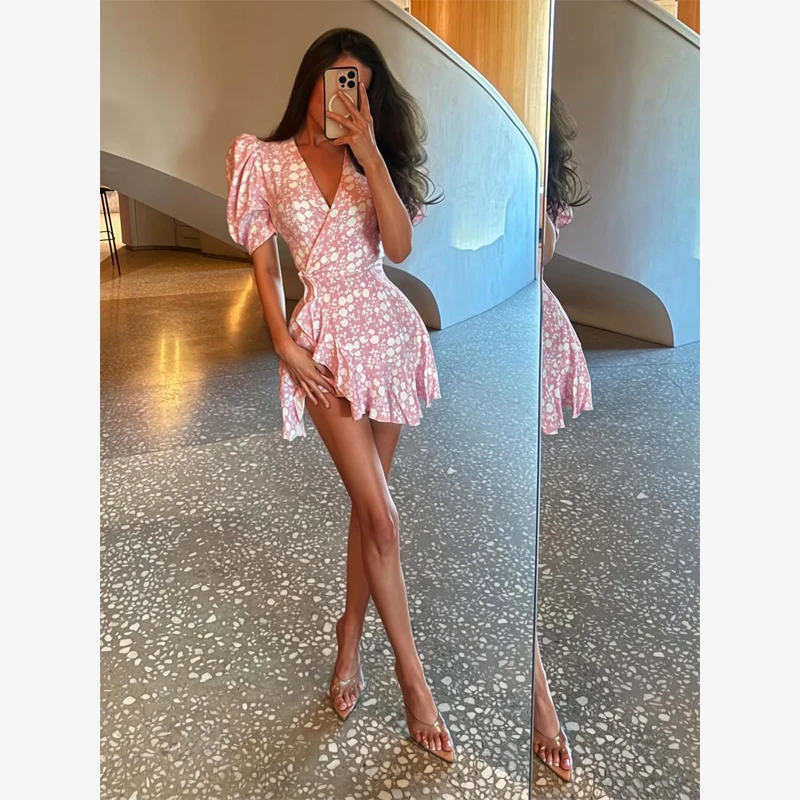 Chic Printed Slim Fit Mini Dress Women Elegant V-neck Puff Short Sleeves Waist Cinching Dresses 2026 Summer Lady Party Robes New