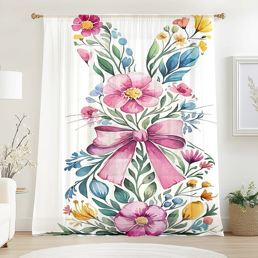 1PC Sheer Curtain, Watercolor Floral Bunny Ears with Pink Bow, Suitable for Bedroom and Living Room, Rod Pocket Style