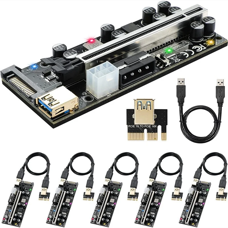 BTC 마이닝용 PCI-E 라이저 카드, 최신 VER009S PRO USB 3.0, PCI-E 라이저 익스프레스 16X 익스텐더 어댑터 카드, 6 개