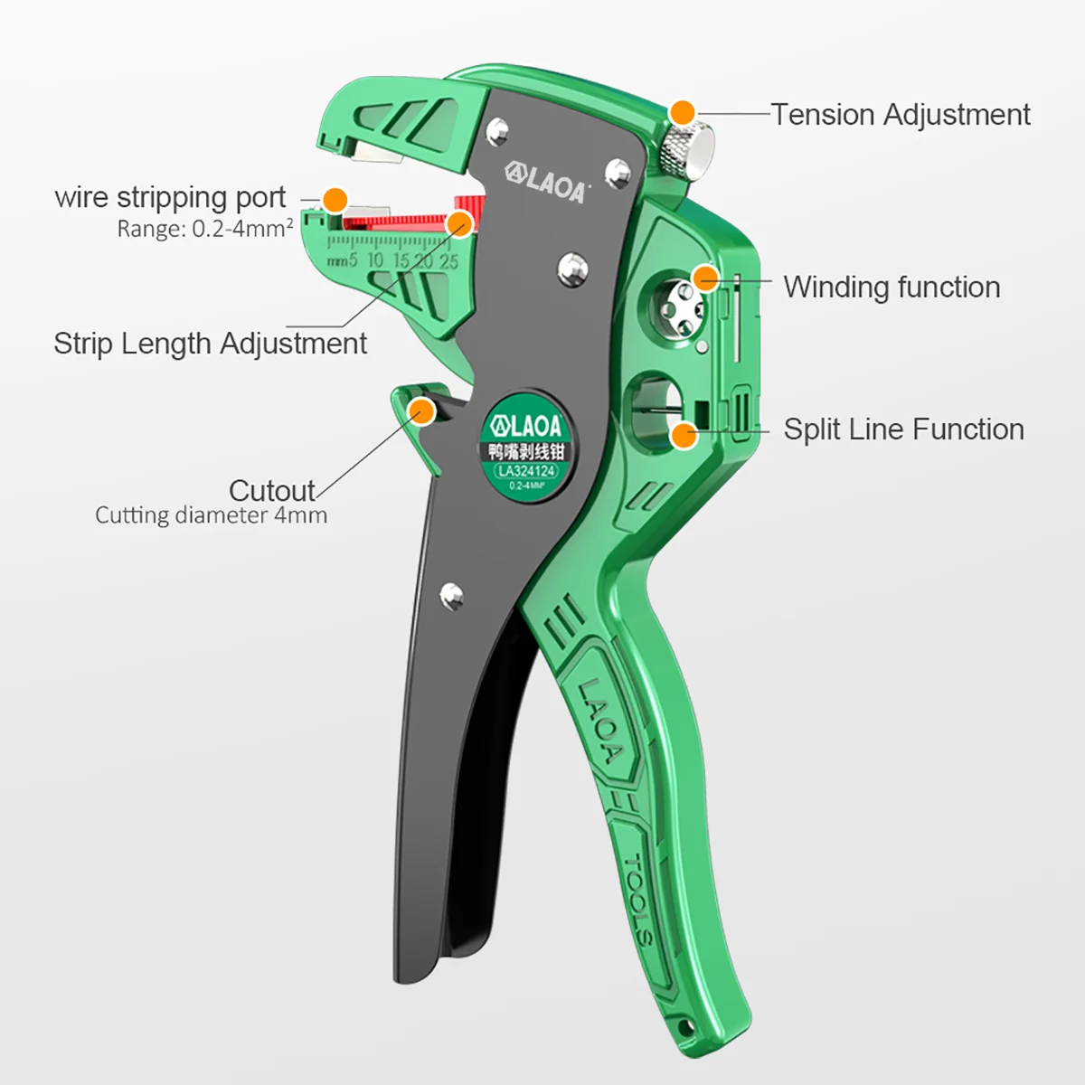 LAOA Wire Stripper Pliers Stripping Cutting Winding Splitting Tool 0.2-4mm² Adjustable Strip Length & Tension for Electrician