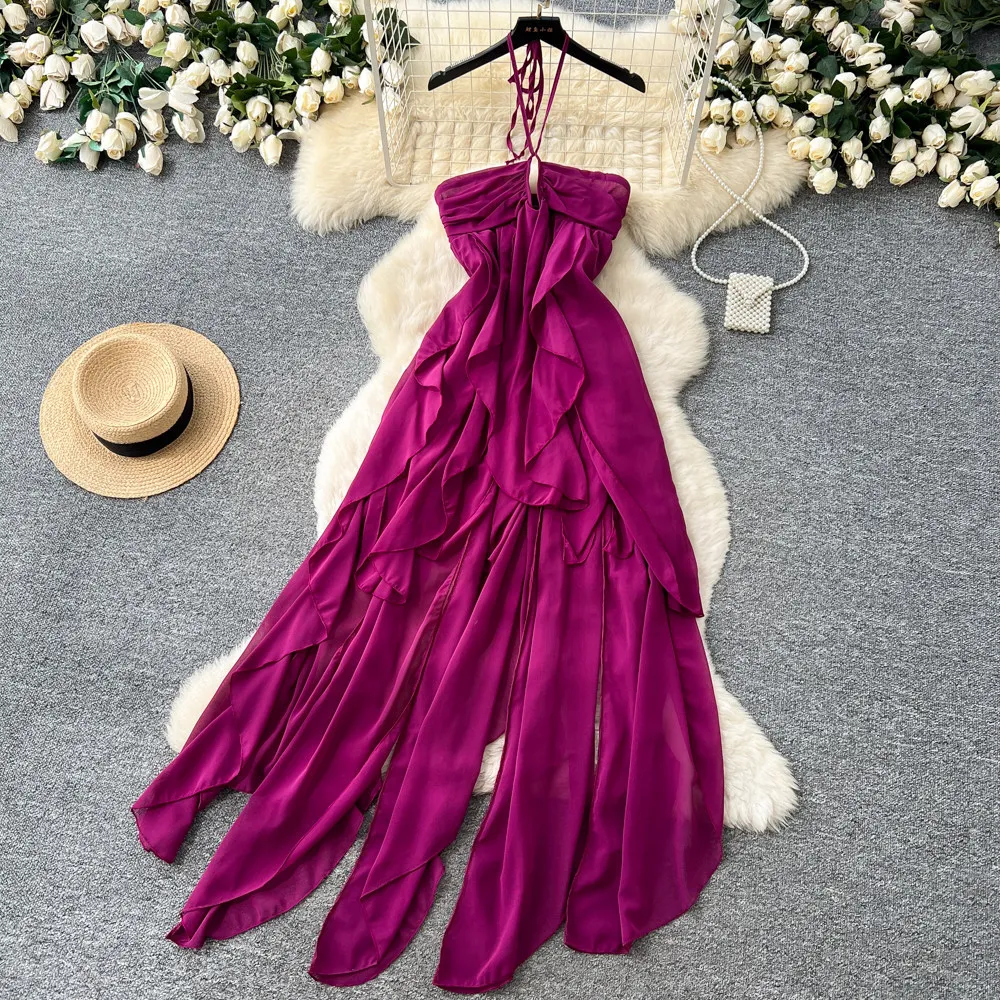 

Women Dresses Solid Dress Ruffle Hem A Line Halter Collar Sleeveless Ankle Length Empire Waist Loose Fit Casual Sexy 2026 Summer