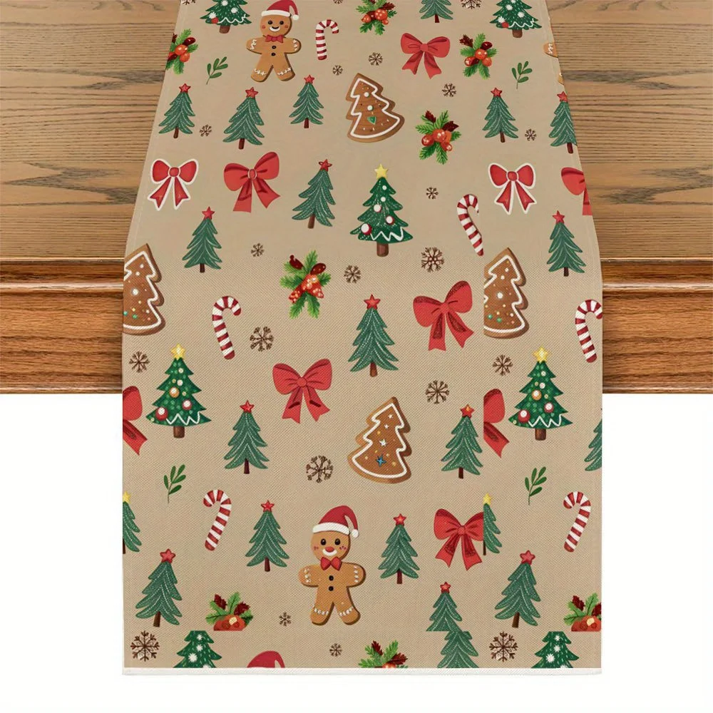

1pc Christmas & New Year Holiday Table Runner Festive Gingerbread Trees Candy Canes Bows Beige Background Christmas Table Decor