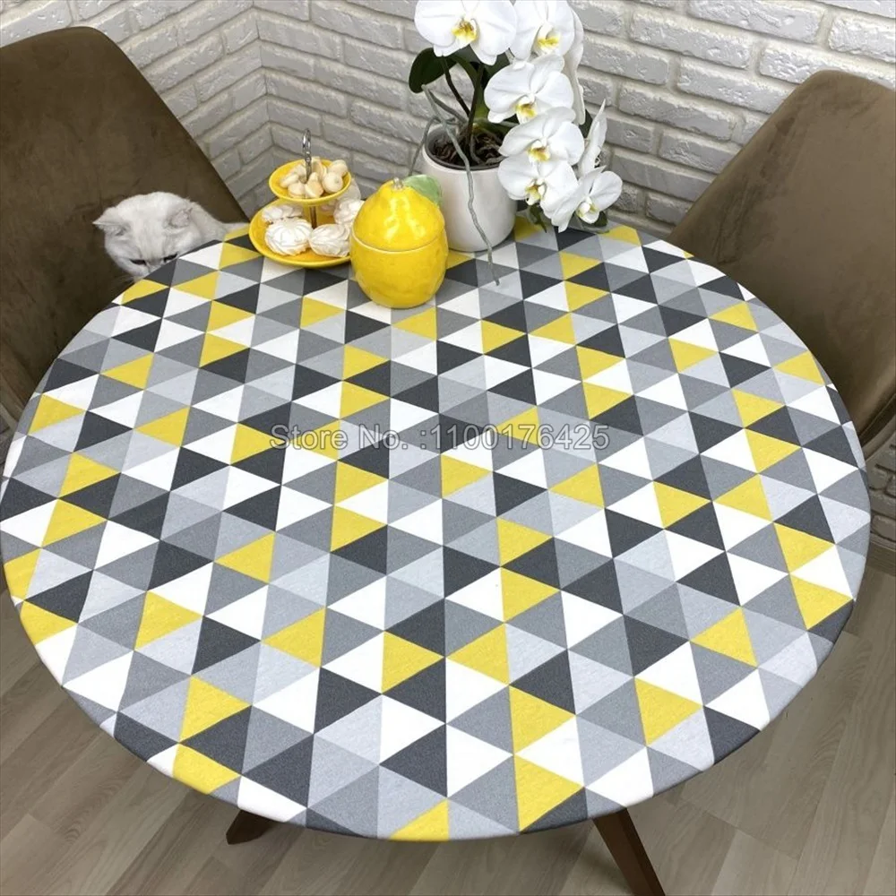 Flower Round Tablecloth with Elastic Edge Lemon Print Waterproof Table Cover for Kitchen Dining Table Decoration Accessories