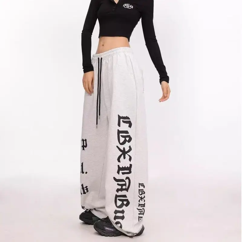 Pantaloni larghi da donna con coulisse elastica Pantaloni alla moda con stampa di lettere a gamba larga Pantaloni casual dritti Hip Hop Streetwears