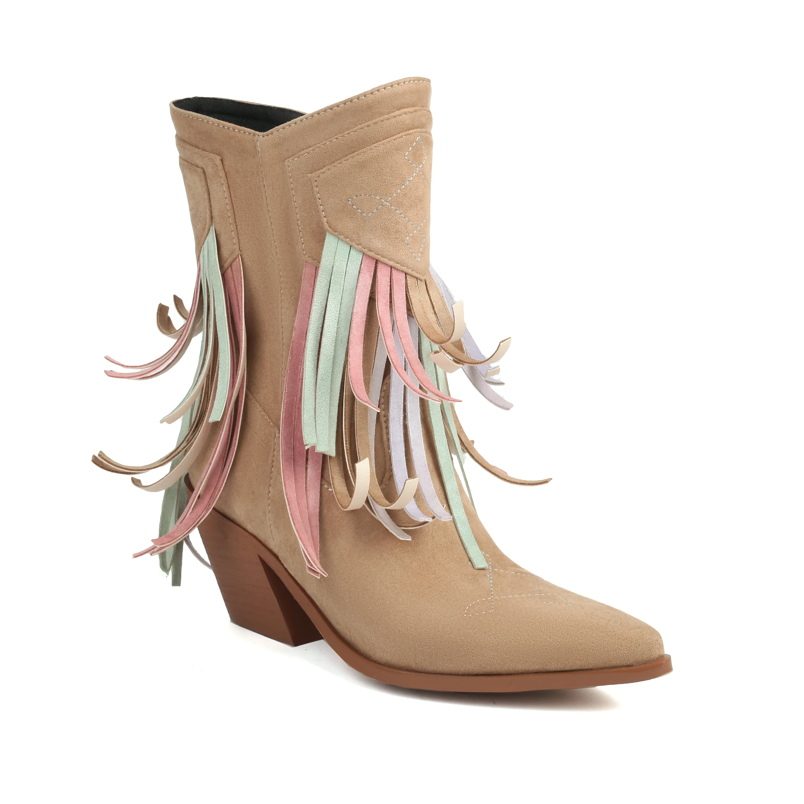 

Women's Western Boots Cowboy Ankle Booties Flock Shoes 2024 New Spring Autumn Colours Block Fringe Decor Footwear