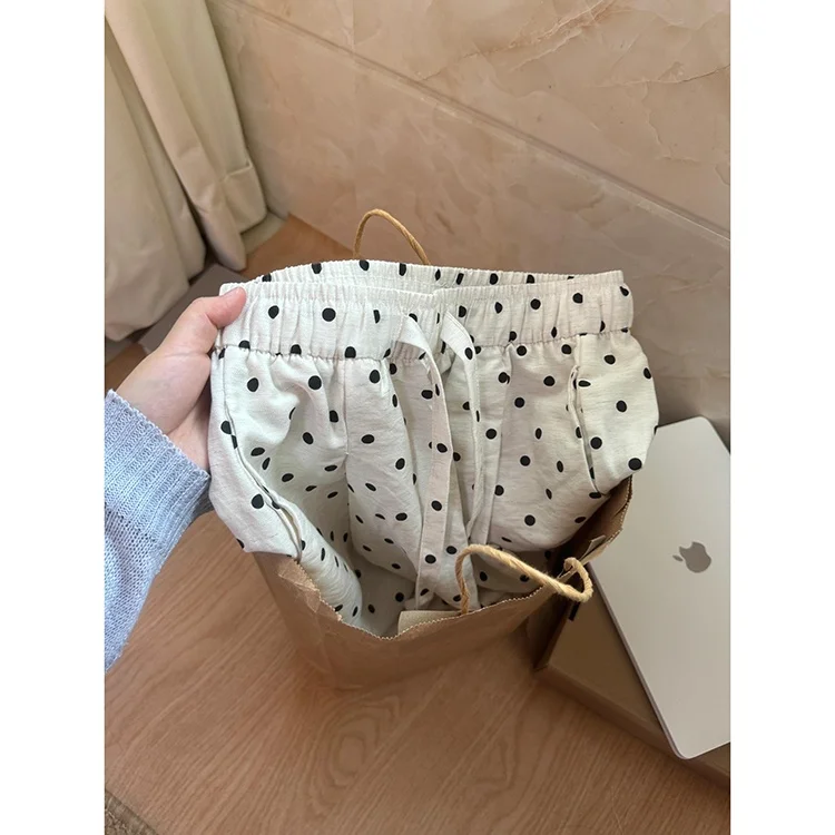 Pantalones japoneses de lunares para mujer, sensación colgante fina, cómodos, hasta el suelo, holgados, de cintura alta, pierna recta, verano