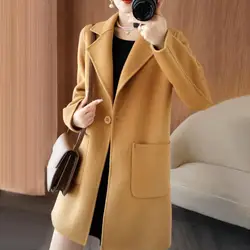 Women Woolen Coat Elegant Single Button Closure Lapel Winter Double-sided Woolen Coat Thermal Casual Jacket Fashion Overcoat