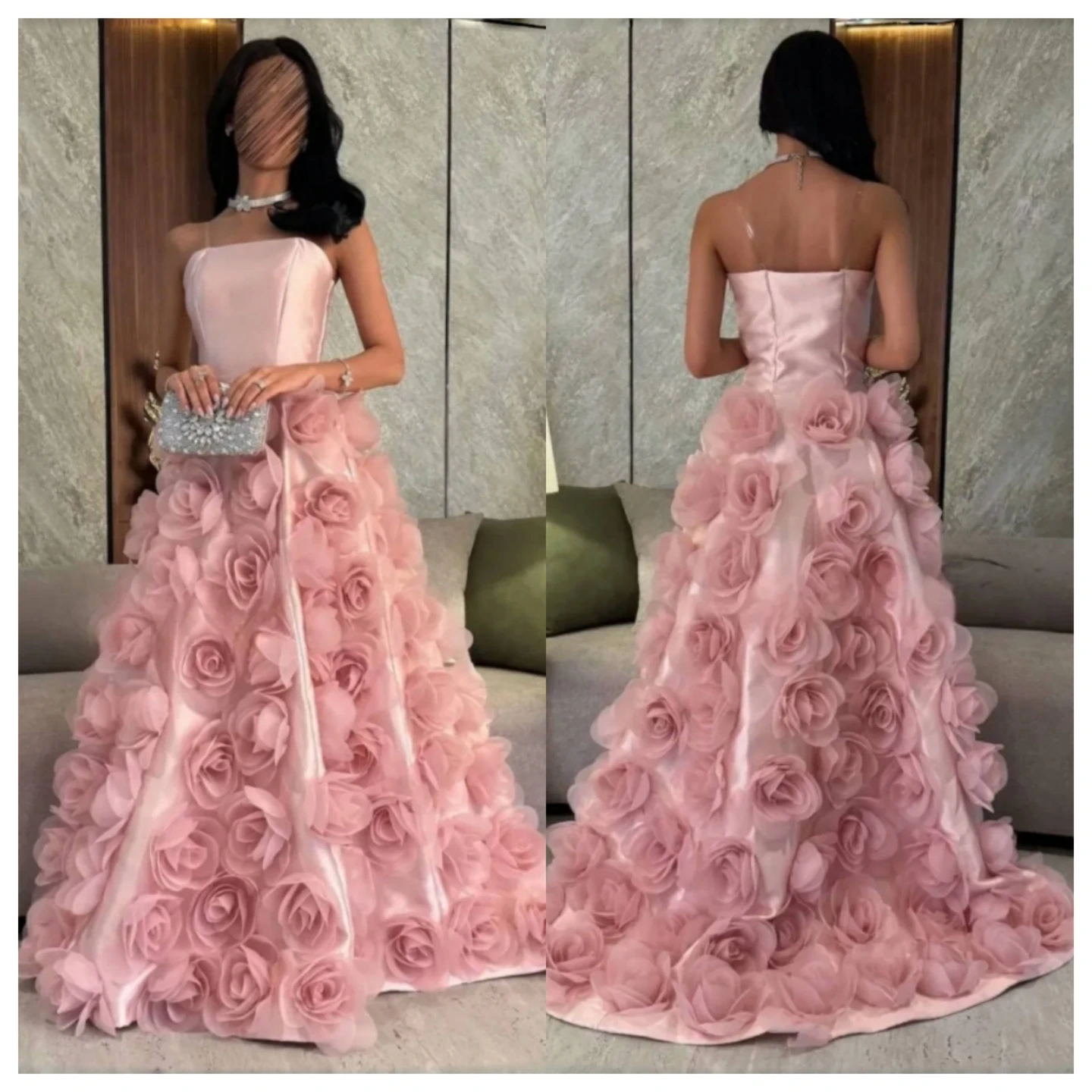 Elegant Strapless Evening Dress Pink 3D Flower Prom Dress Mermaid Ruffled Saudi Arabia Customized Formal Occasion Dresses 2025