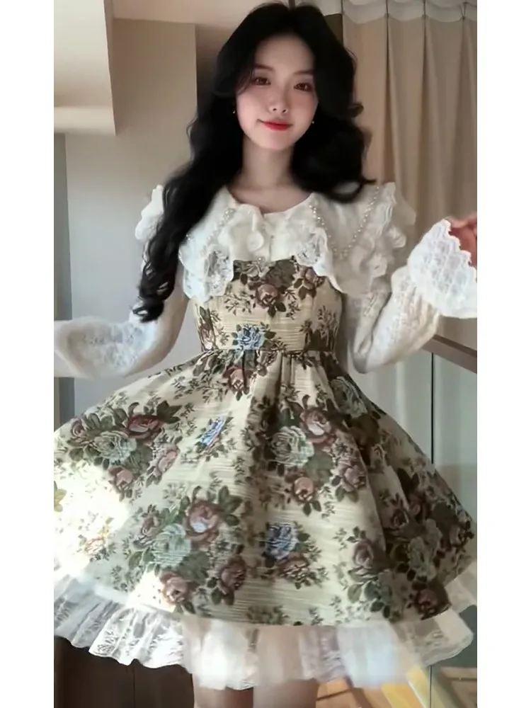 

Sweet Ruffle Patchwork Long Sve Women's Dr High Waist A-Line ort Skirt Vintage Sle Commute Korean Sle Autumn New