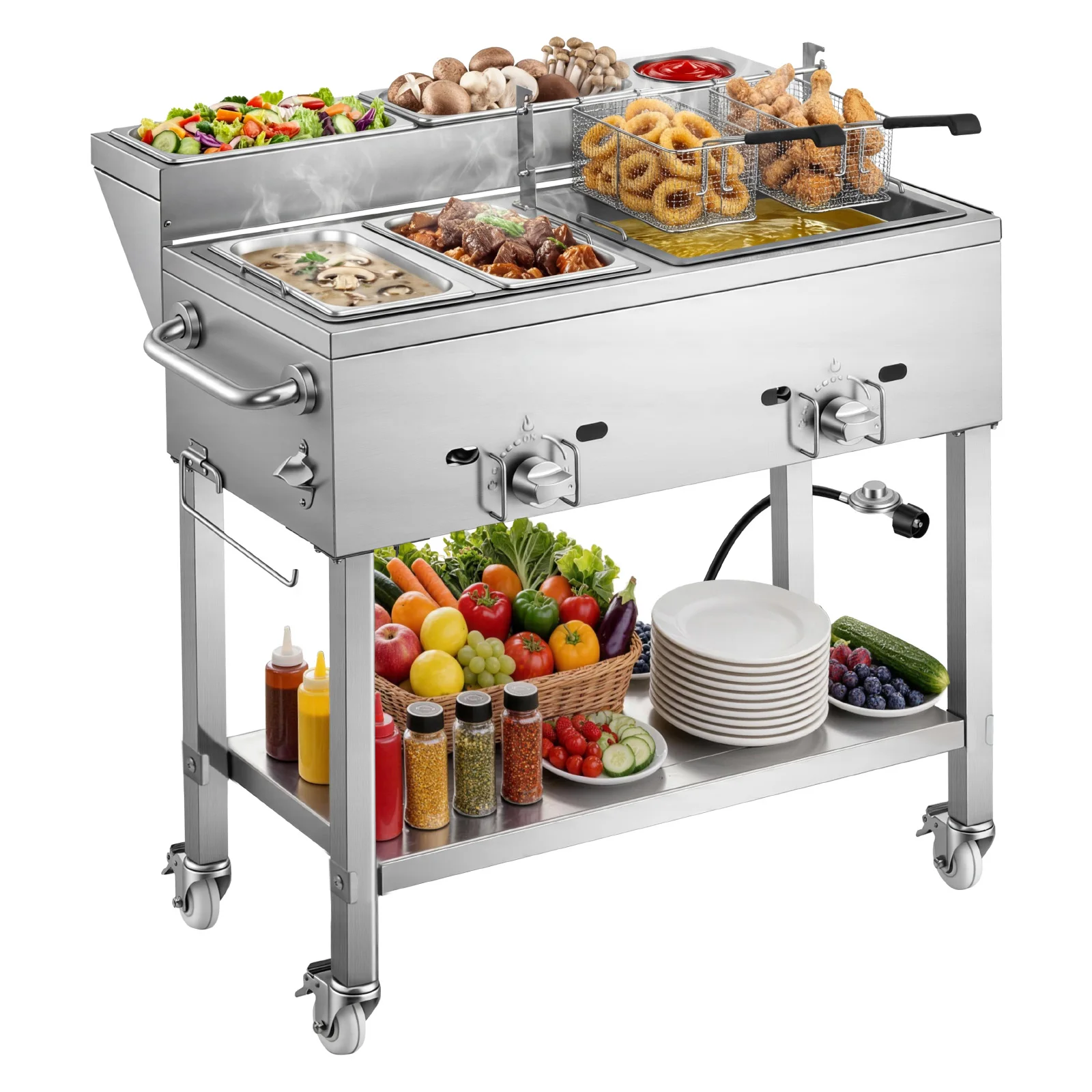 Outdoor Propane Deep Fryer, 2 Burners (11,600 BTU Each), Commercial Fryer with Two 1/3 Size Food Warming Pans, Multi-Purpose Frying Cart with 4 Lockable Wheels, Designed for Fried Chicken & Fries