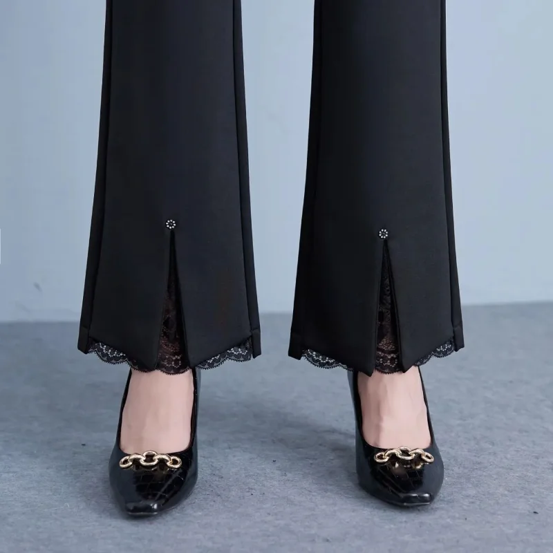 Verão estiramento-flare calças de cintura alta cintura alta perna larga rendas calças retas preto casual feminino